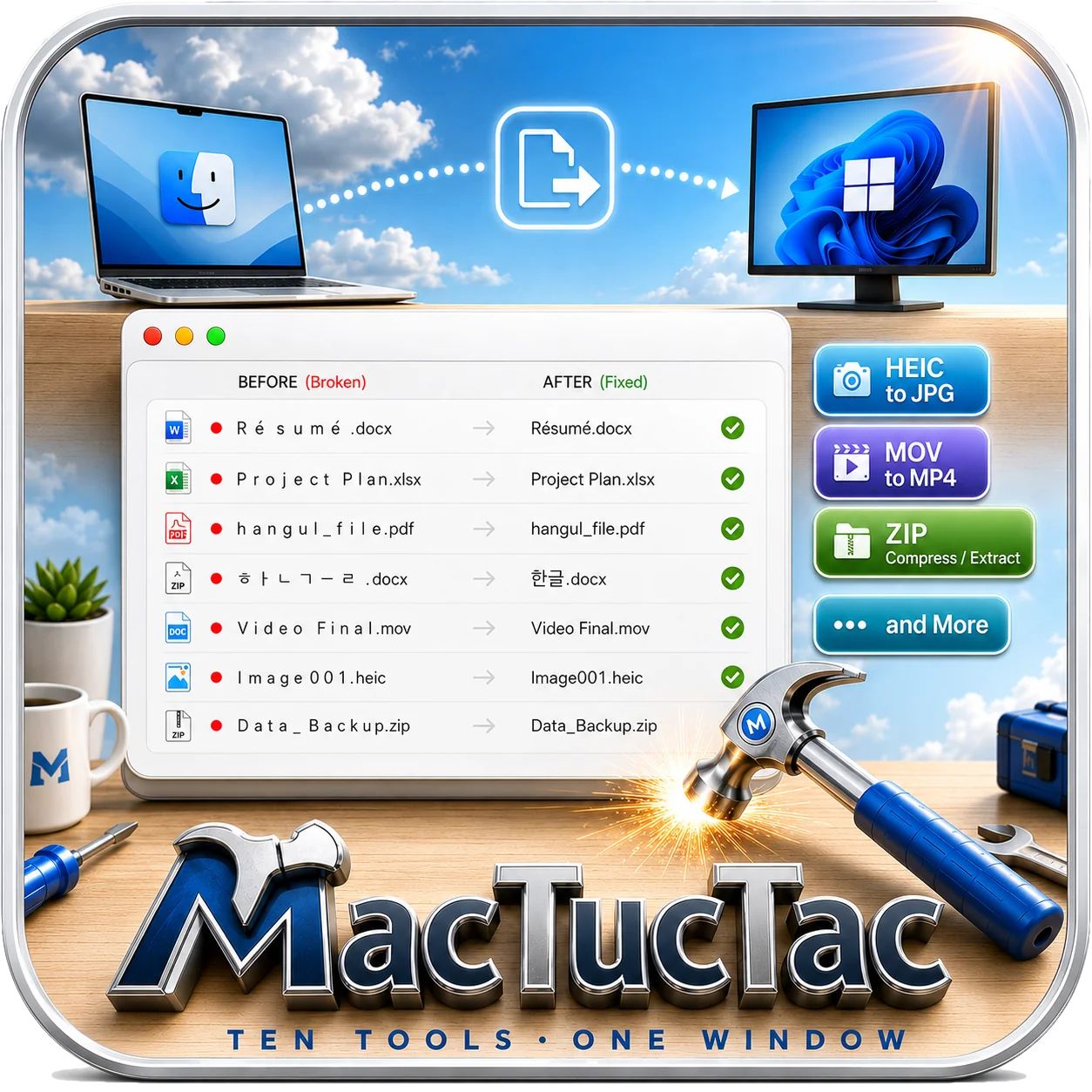 MacTucTac memperbaiki nama berkas yang rusak agar aman dikirim ke Windows